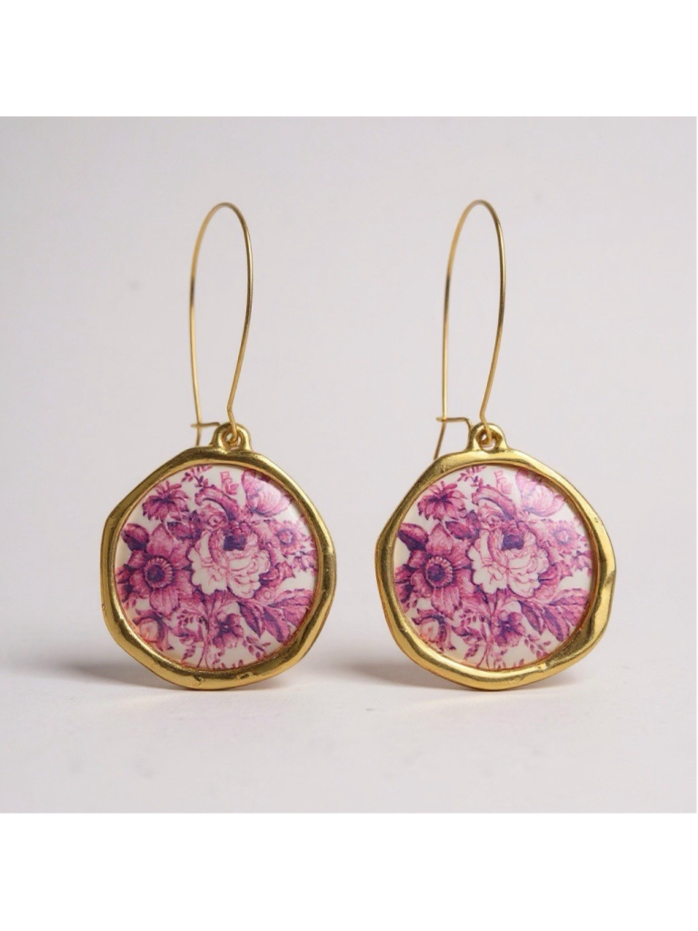 Anthropologie Flower Earrings Porcelain Ceramic Purple Gold Hoop 18k Tile Boho